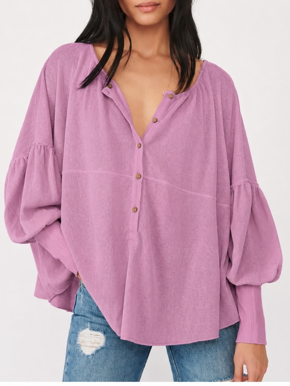 $98 NWOT Free People Marla jersey henley top in lavender/ lilac purple L